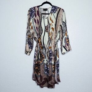New Q|Neel Nordic Design White Printed Silk‎ Blend Shift Dress Size 16